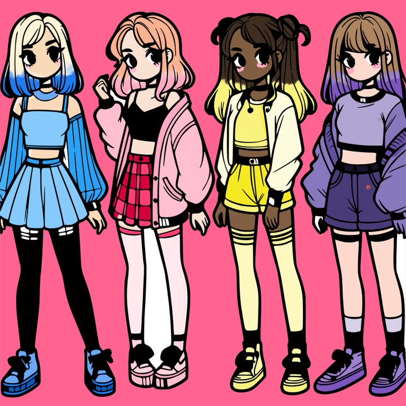 one girl with crop-top shirt and a jacket with a skirt, long socks and another girl with a shirt and pants with a jacket