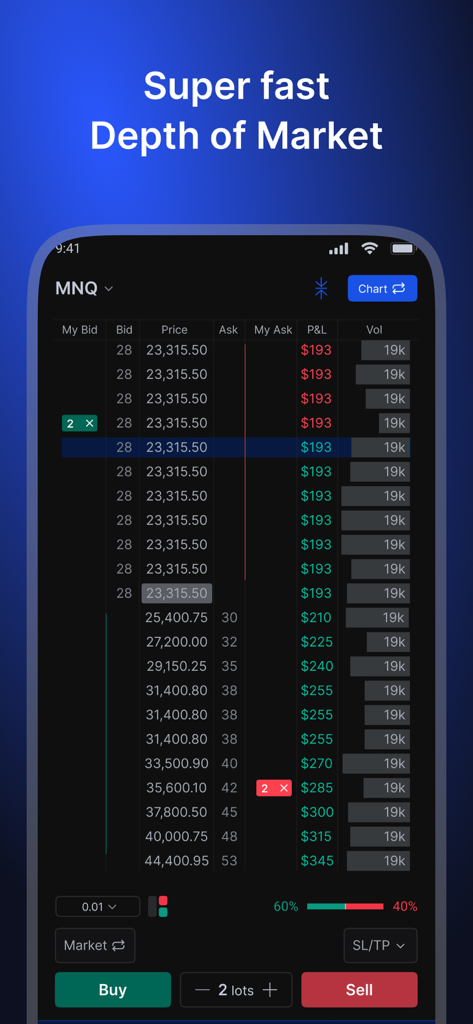 tradesea - Interface de l'application mobile tradeSea affichant la profondeur du marché pour une exécution rapide des trades