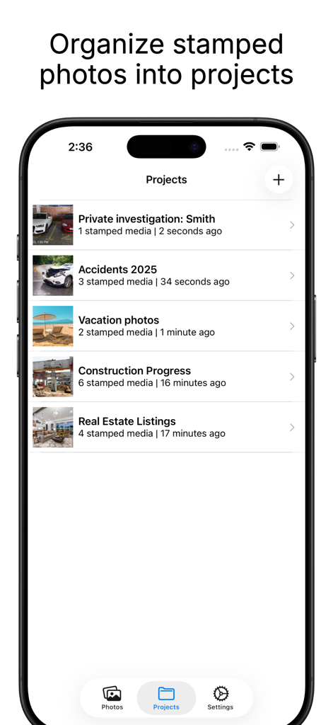Timestamp It - Photo Stamper - Screenshot of the Timestamp It app showing organized project folders for real estate, construction, and legal documentation.
