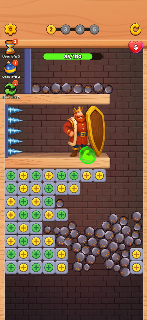 Royal Escape: King Castle - Uma captura de tela da jogabilidade de Royal Escape King Castle mostrando o personagem do Rei acima de um tabuleiro de quebra-cabeça match 3 com parafusos coloridos e pedras.