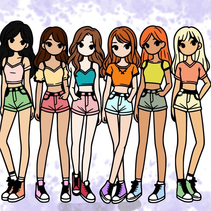 a group of girls wearing crop tops and shorts