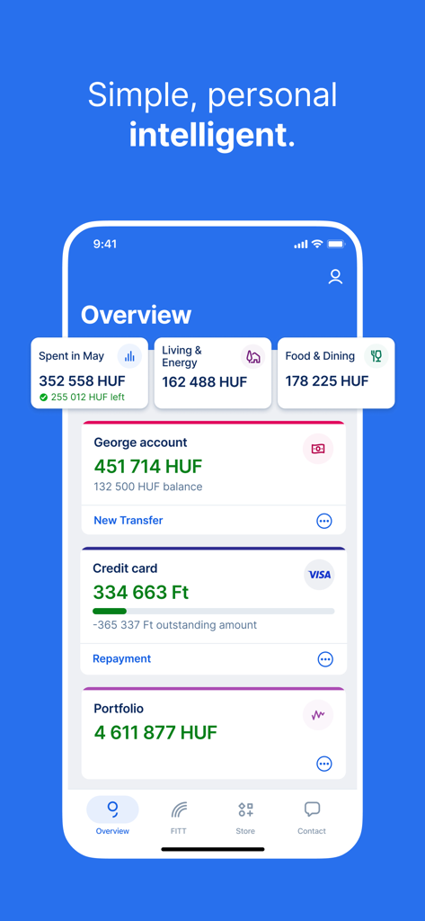 Tableau de bord mobile de l'application bancaire George affichant les comptes financiers et les catégories de dépenses