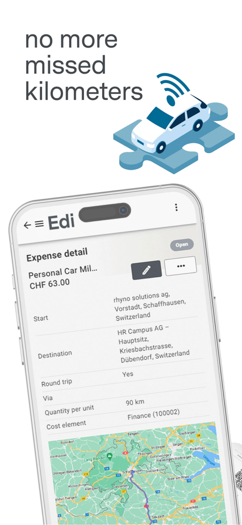 Edi Expenseアプリインターフェースが、ルートマップとトリップ詳細を表示してビジネス走行距離を追跡している様子