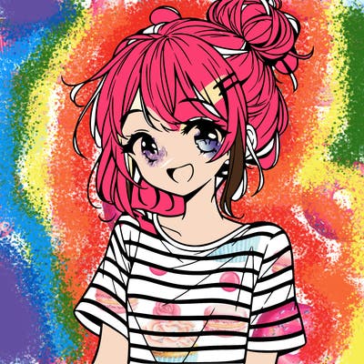 anime girl teenager striped shirt and smile and messy bun