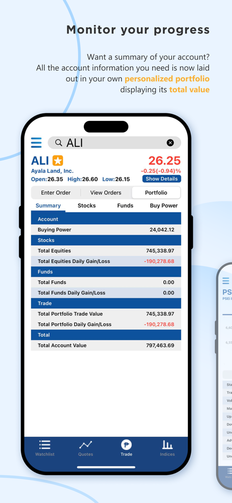 COL Mobile - COL Mobile app interface showing a personalized portfolio summary with total account value and buying power.