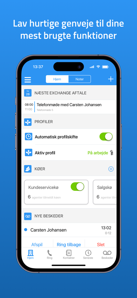 Myfone mobile app home screen showing customizable shortcuts for business functions