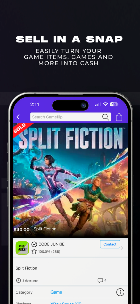 Gameflip app interface showing a sold game listing for Split Fiction