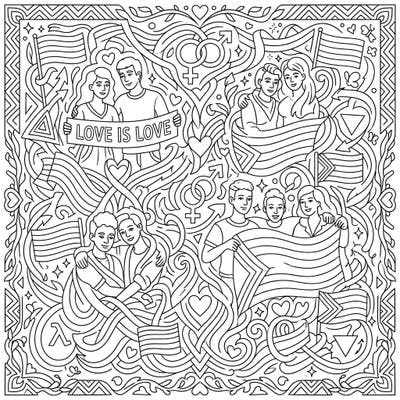 Dive into a world of vibrant expression with this detailed Pride Month line art coloring page. Celebrate love, diversity, and community by bringing these intricate patterns and joyful figures to life with your colors.