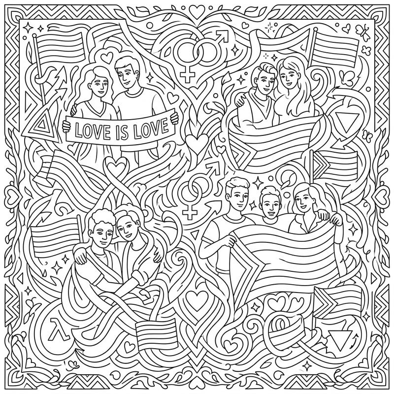 Dive into a world of vibrant expression with this detailed Pride Month line art coloring page. Celebrate love, diversity, and community by bringing these intricate patterns and joyful figures to life with your colors.