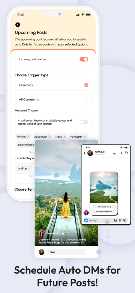 ReplyRush Comment Auto Reply - Mobile app screen for scheduling automated Instagram DMs for upcoming posts using keyword triggers.