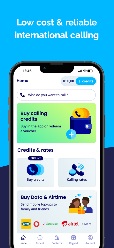 Talk360 mobile app interface showing options to buy calling credits and send data or airtime to family abroad.