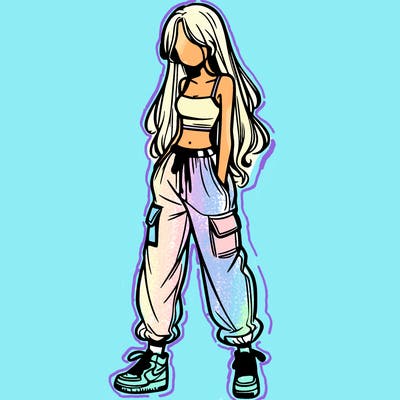 girl in baggy pants crop top and long hair