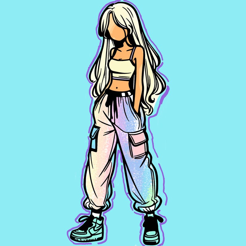 girl in baggy pants crop top and long hair