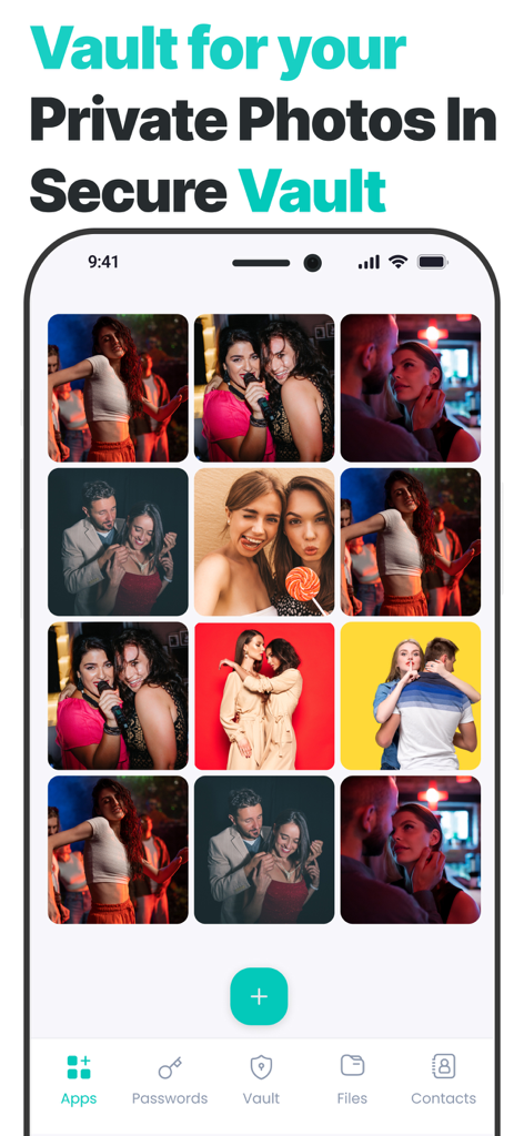 App Lock, Hide Passwords Apps - プライベート画像コレクションが表示されている安全な写真保管庫機能。