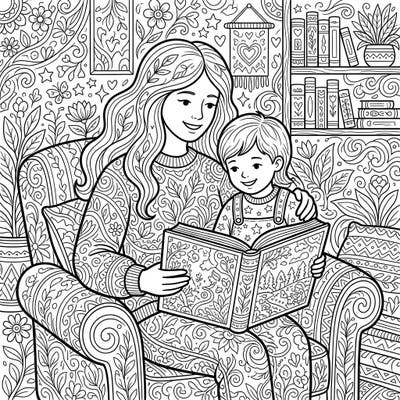 Immerse yourself in a beautiful moment of connection with this intricate adult coloring page depicting a parent and child enjoying a story together. Its detailed patterns provide hours of mindful relaxation and creative expression.