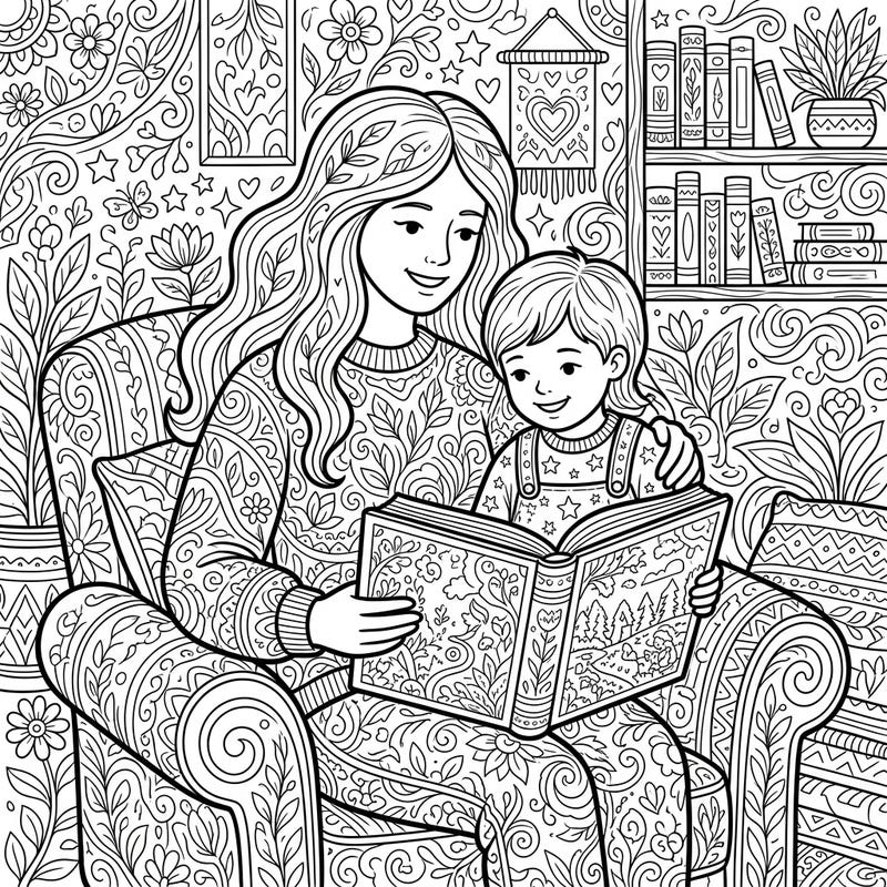Immerse yourself in a beautiful moment of connection with this intricate adult coloring page depicting a parent and child enjoying a story together. Its detailed patterns provide hours of mindful relaxation and creative expression.