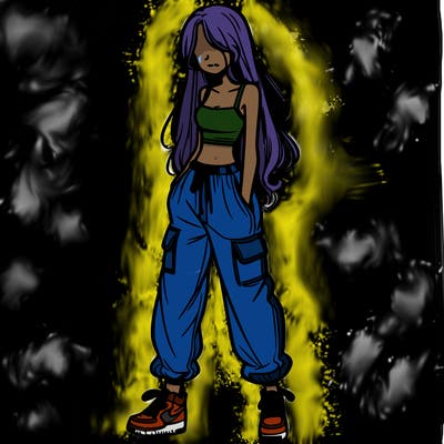 girl in baggy pants crop top and long hair