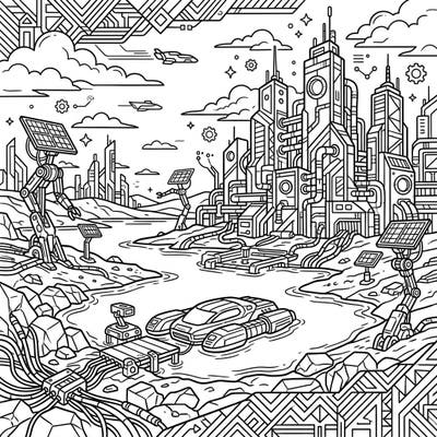 Transform a stark desert landscape into a vibrant, futuristic world with this unique cyberpunk coloring page. Immerse yourself in a scene where nature meets technology, featuring intricate details of robots, advanced cityscapes, and glowing neon-style structures.
