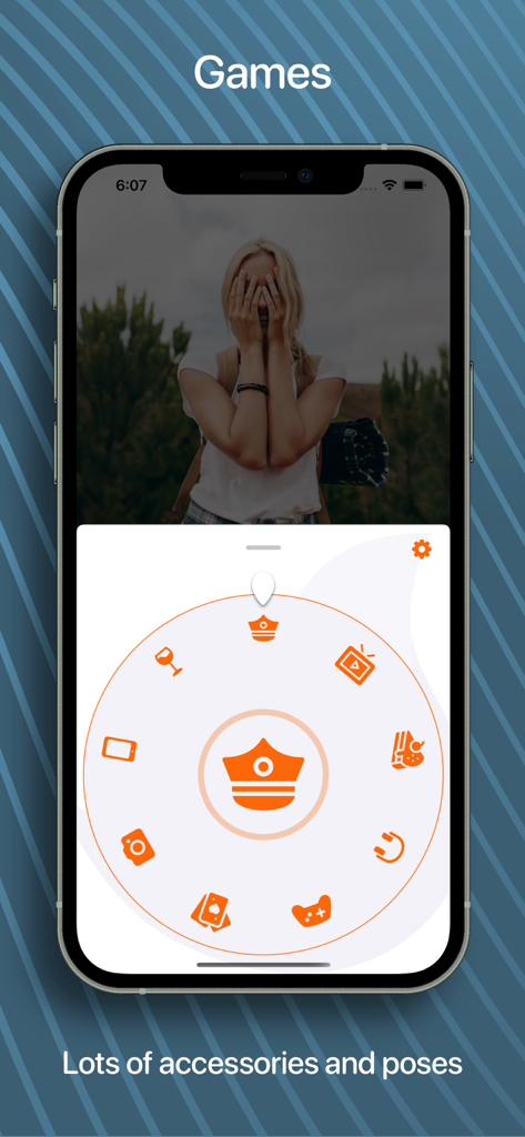 Ein mobiler Bildschirm, der die Spielefunktion in der Fox Tail App mit einem Rad aus Aktivitätssymbolen zeigt.