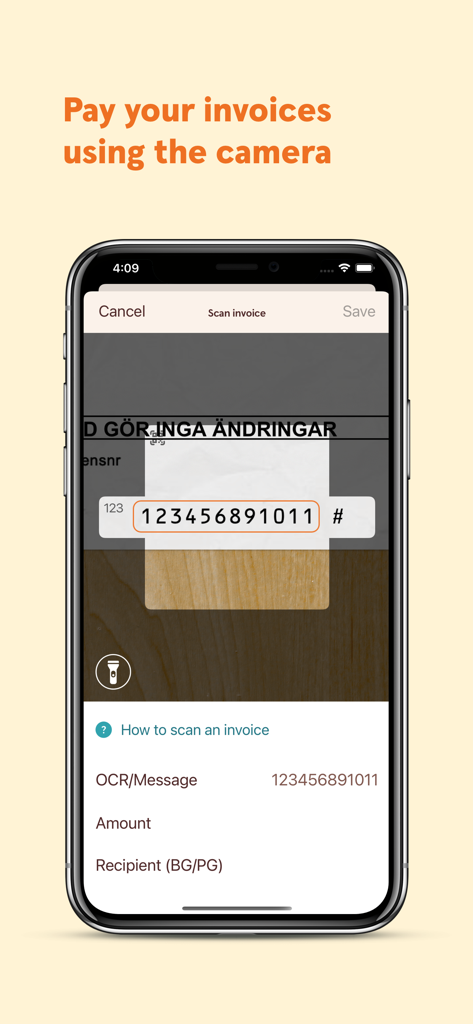 Swedbank företag - Interfaz de la aplicación empresarial Swedbank que muestra el escáner OCR para pagar facturas usando la cámara del teléfono.