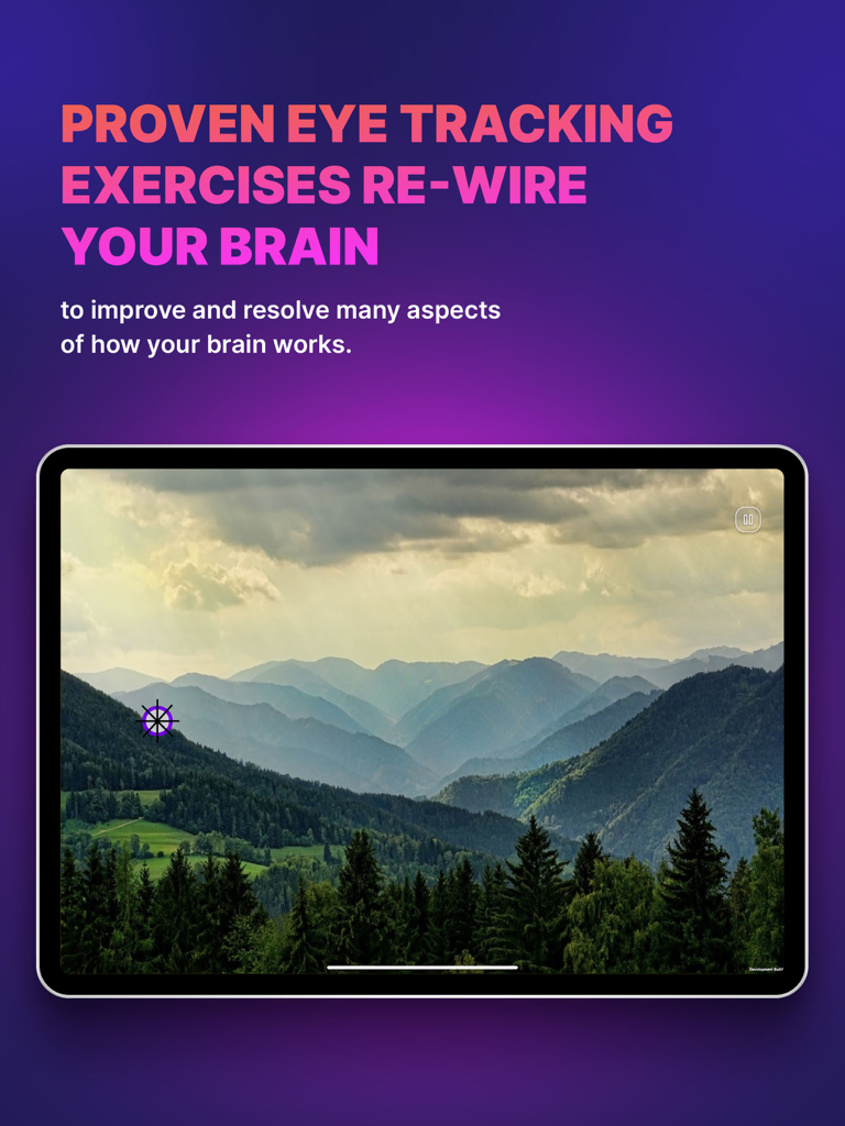Neuromorfix - Neuromorfix iPad app displaying eye tracking therapy exercises over a scenic mountain landscape.