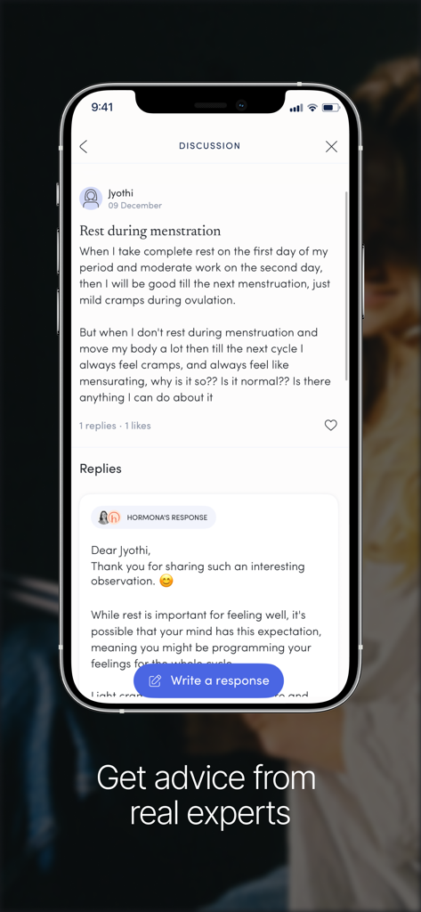 Hormona: Period & Hormones - Hormona app community discussion screen showing expert health advice for managing period symptoms