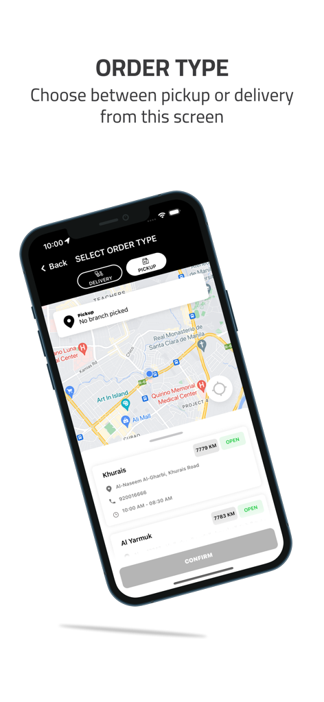 Shawarma House mobile app screen for choosing between pickup and delivery with a map view of restaurant locations