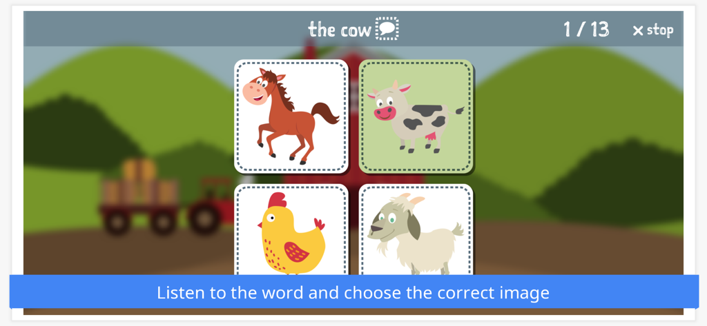 Learn Languages With Emma - Captura de pantalla de la aplicación Learn Languages With Emma que muestra un cuestionario de vocabulario de animales de granja para niños