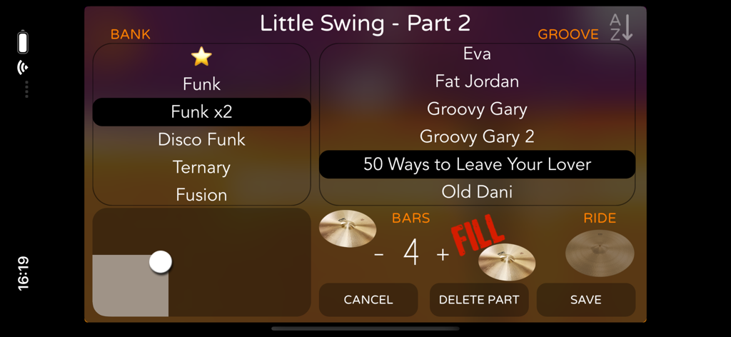 Song mode interface in the Funk Drummer app showing bank and groove selection for a music project