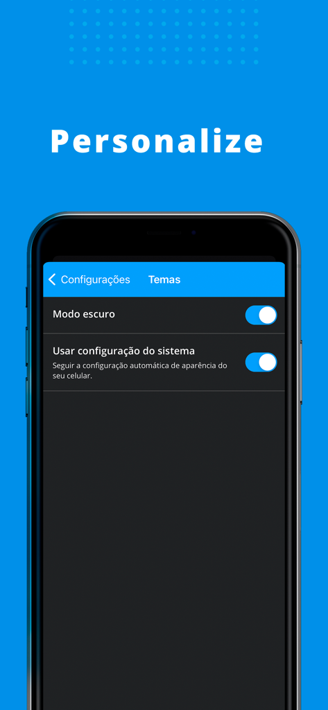 R7 - Pantalla de personalización de la app R7 con ajustes de modo oscuro