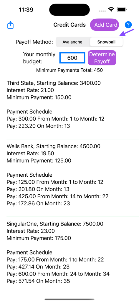 Credit Cards Payoff - Detailed credit card payoff schedule showing the snowball method and monthly budget calculation.