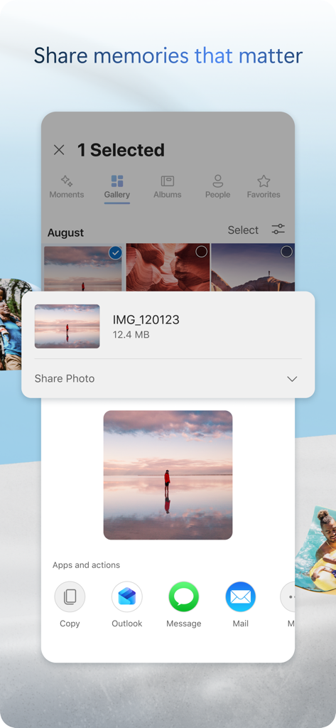 Microsoft OneDrive mobile app interface showing a selected photo with options to share via Outlook, Message, and Mail.