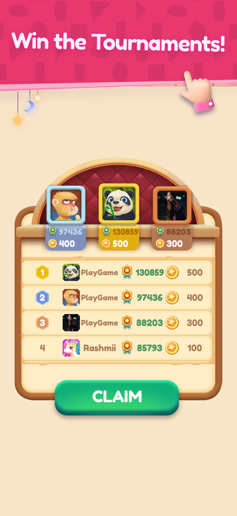 Find 5 Differences Online - Placar de torneio mostrando os jogadores mais bem classificados e suas recompensas com um botão de reivindicar.