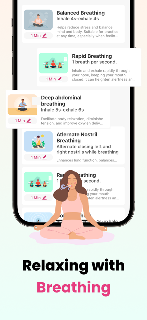 Interface of the blood pressure monitor app showing various breathing exercise options for relaxation and stress reduction