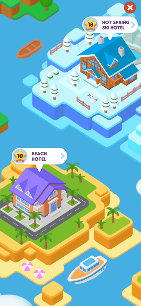 My Dream Hotel - Eine farbenfrohe isometrische Karte in My Dream Hotel, die die freischaltbaren Orte Beach Hotel und Hot Spring Ski Hotel zeigt