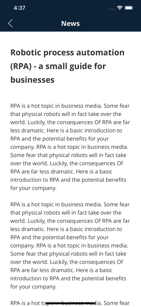 Mobile screen showing a business news article titled Robotic process automation RPA - a small guide for businesses inside the Azets Cozone app.