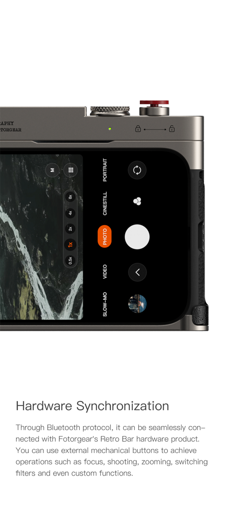 FotorGear - Camera in Pocket - FotorGear app interface showing hardware synchronization with a professional camera accessory and mechanical controls.
