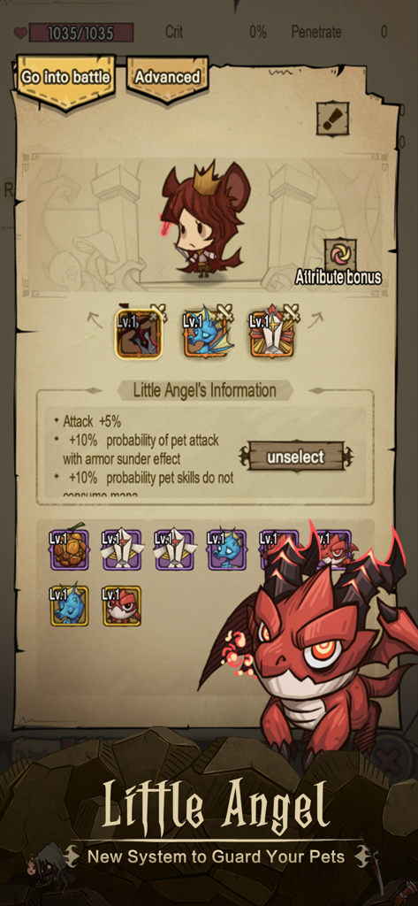 The Greedy Cave - The Greedy Cave gameplay screen showing the Little Angel pet system and creature collection