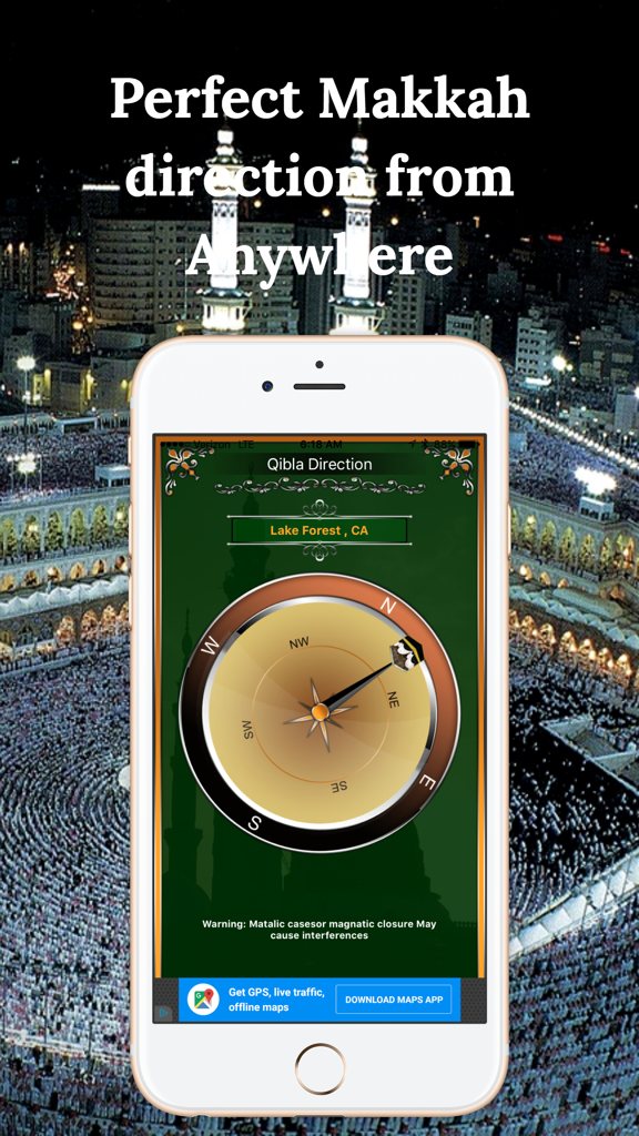 App bussola Qibla su iPhone che mostra la direzione della preghiera verso la Mecca da Lake Forest California