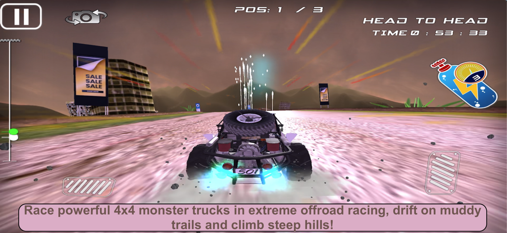 4x4 OFFROAD MONSTER TRUCK RACE - Vista traseira de um monster truck a competir numa pista offroad lamacenta numa competição frente a frente