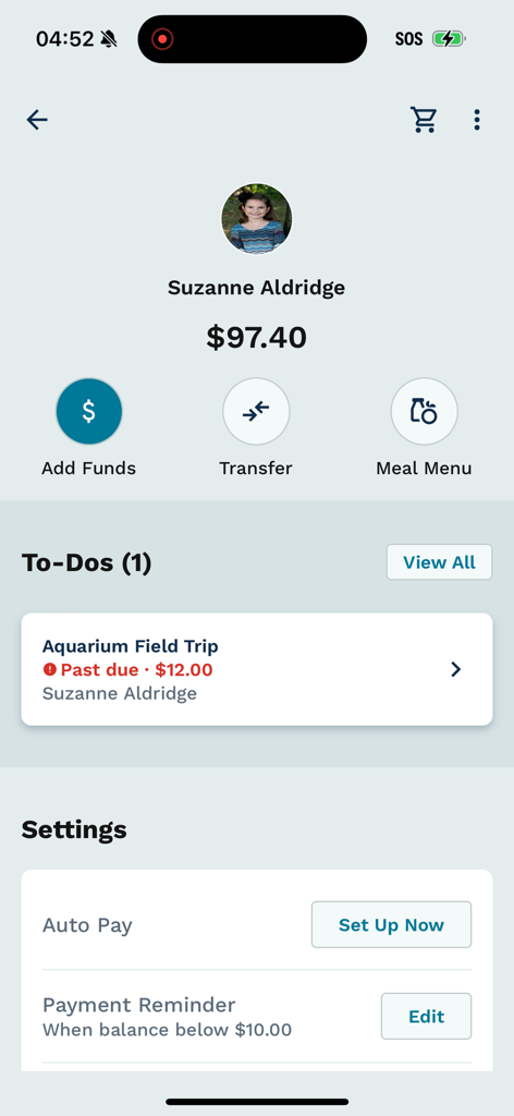 LINQ Connect - Student profile dashboard in the LINQ Connect app showing balance and to-dos.