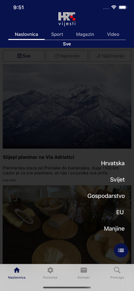 HRTvijesti - Interface of the HRTvijesti mobile app showing the news homepage and category selection menu