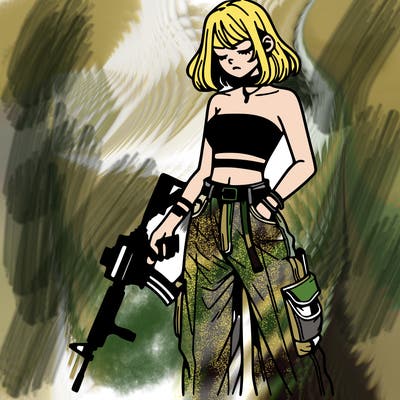 a dangerous girlcrop top and baggy jeans with a rifle in her hand