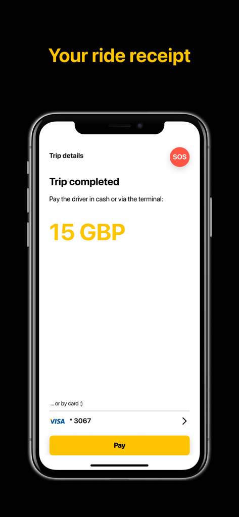 FTAXI - FTAXI Mobile App-Bildschirm zeigt eine abgeschossene Fahrtquittung für 15 GBP mit Optionen zur Zahlung per Bargeld, Terminal oder Karte