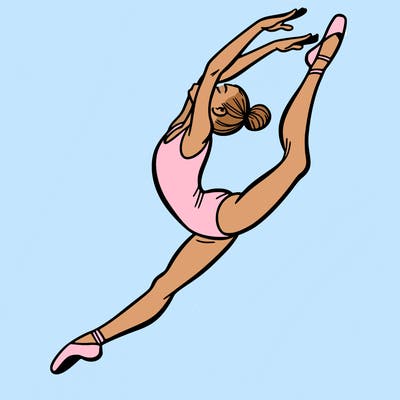 gymnast doing a leap in a leotard with a bent back leg