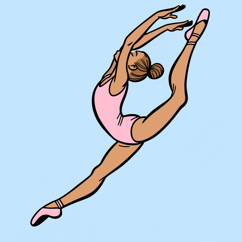 gymnast doing a leap in a leotard with a bent back leg