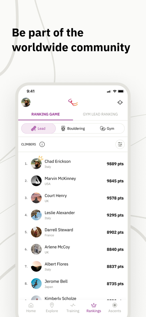 Vertical-Life Climbing - Worldwide climbing leaderboard in the Vertical-Life app showing rankings for lead and bouldering