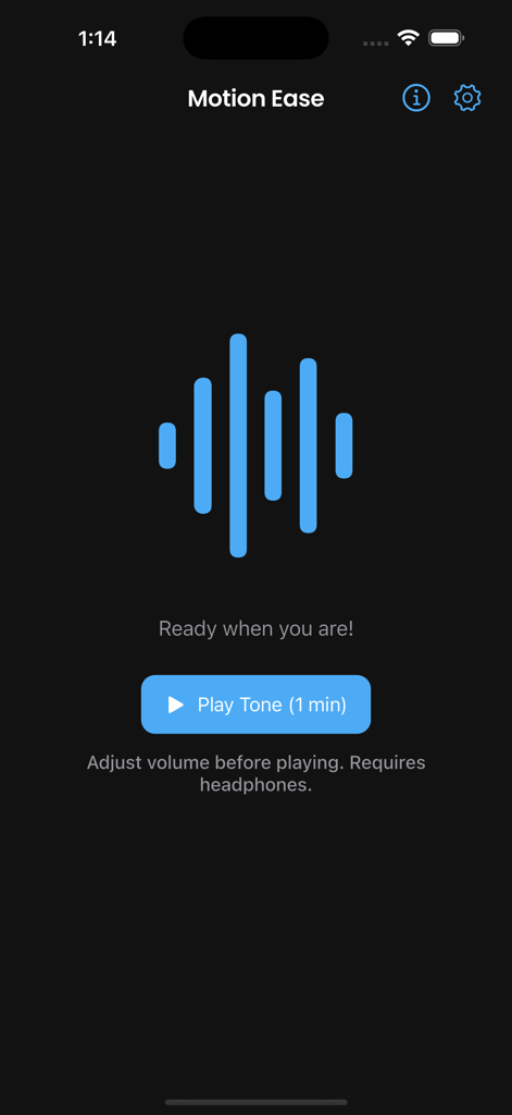 Interface de l'application Motion Ease en mode sombre, montrant un graphique d'onde sonore et un bouton de lecture pour une session audio d'une minute afin de soulager le mal des transports.