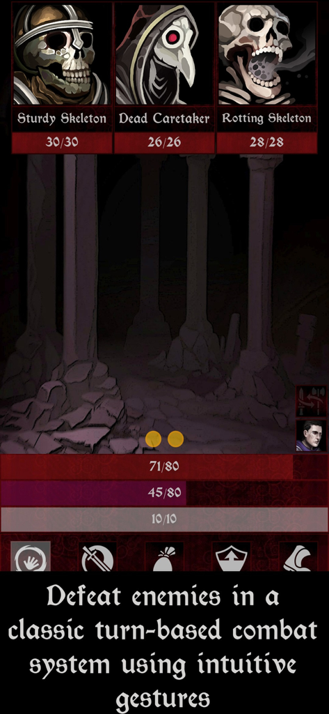 Grim Omens - Old School RPG - Uma interface de combate por turnos em Grim Omens RPG apresentando inimigos esqueleto desenhados à mão e ícones de ação.