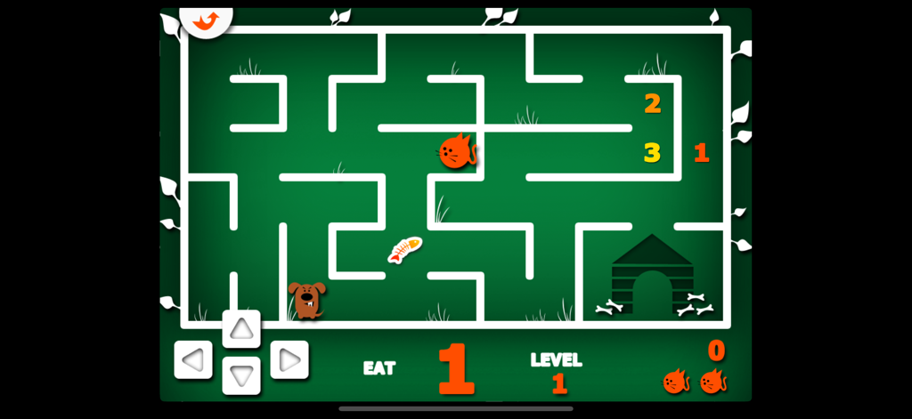 Un gato navegando por un laberinto para recoger números en orden mientras evita a un perro